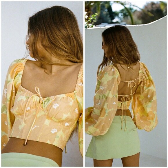 Sabo Australia Jianna Backless Top Puff Sleeves Floral Linen Blend Large - Picture 1 of 7